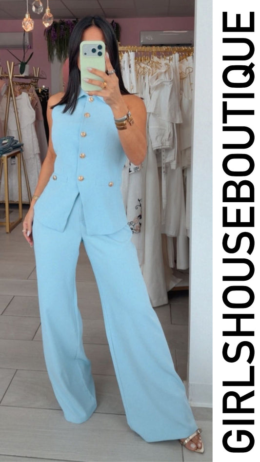 Ovi Sky Blue Gold Button Vest & Pant Set