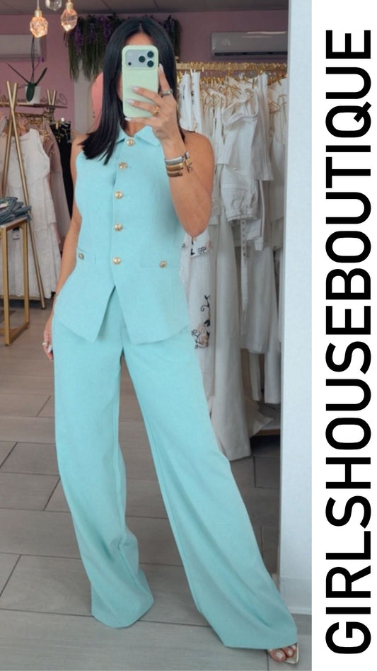 Ovi Mint Front Gold Buttons Vest & Pant Set