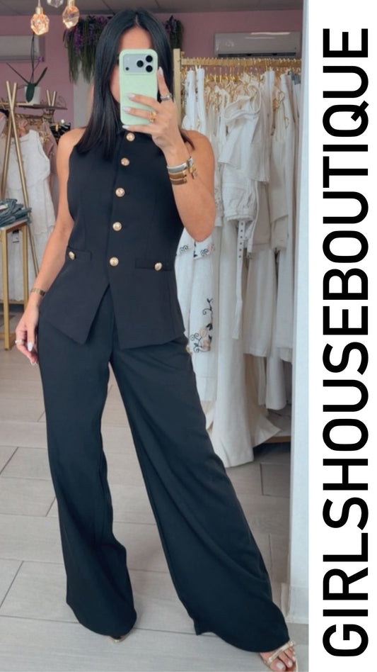 OVI Black Front Gold Buttons Vest & Pant Set