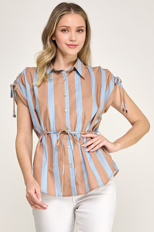 Taupe & Sky Blue Stripe Blouse