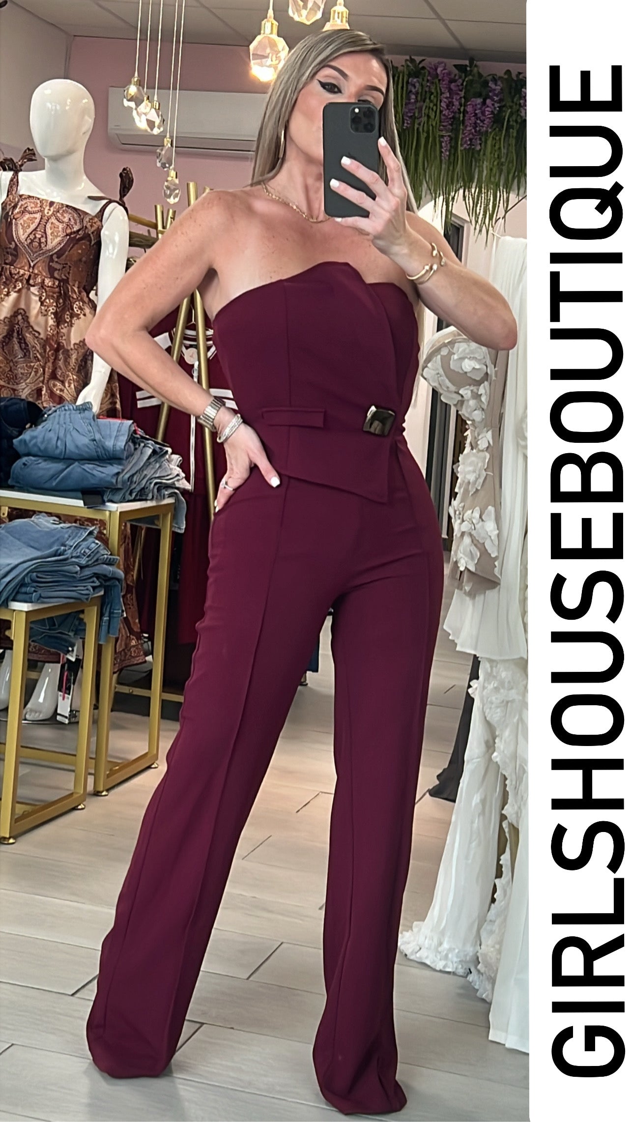 Merlot Wine Gold Details Strapless Jumpsuit