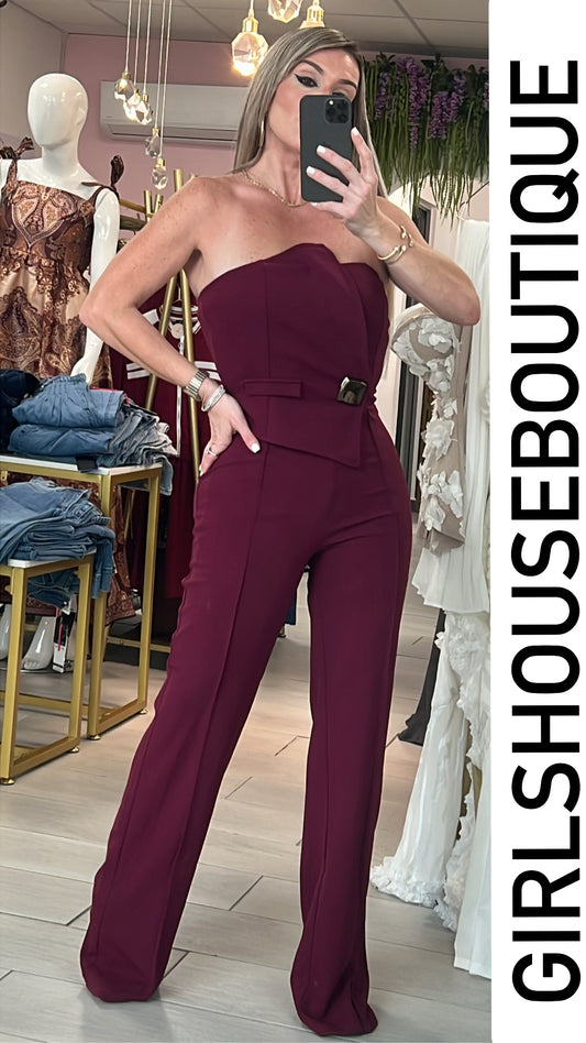 Merlot Wine Gold Details Strapless Jumpsuit