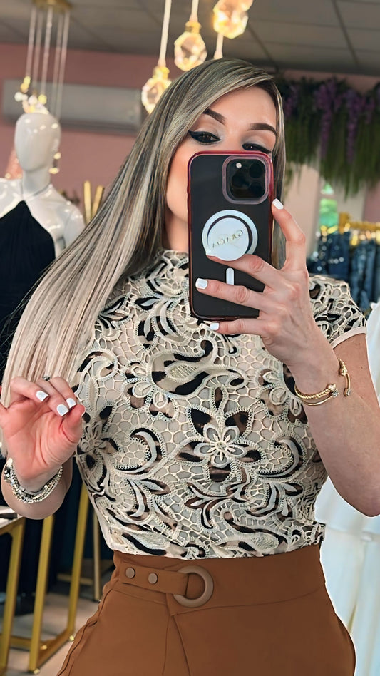 GRACIA COLLECTION Creme Embroidery & Leopard Top