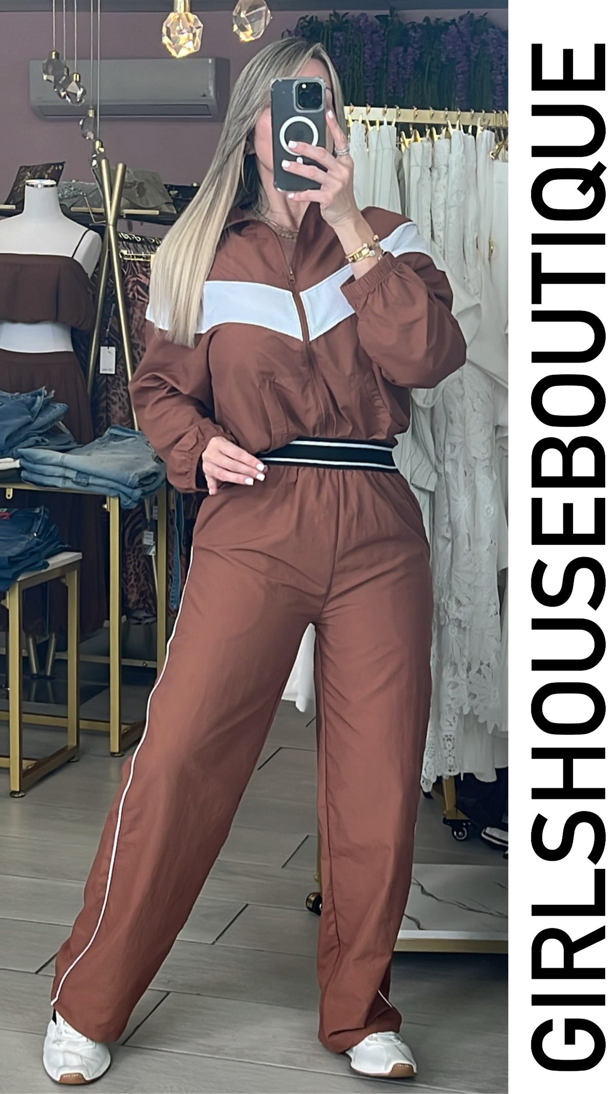 Coffee/White Athletic Zip-Up Jacket & Pant Set