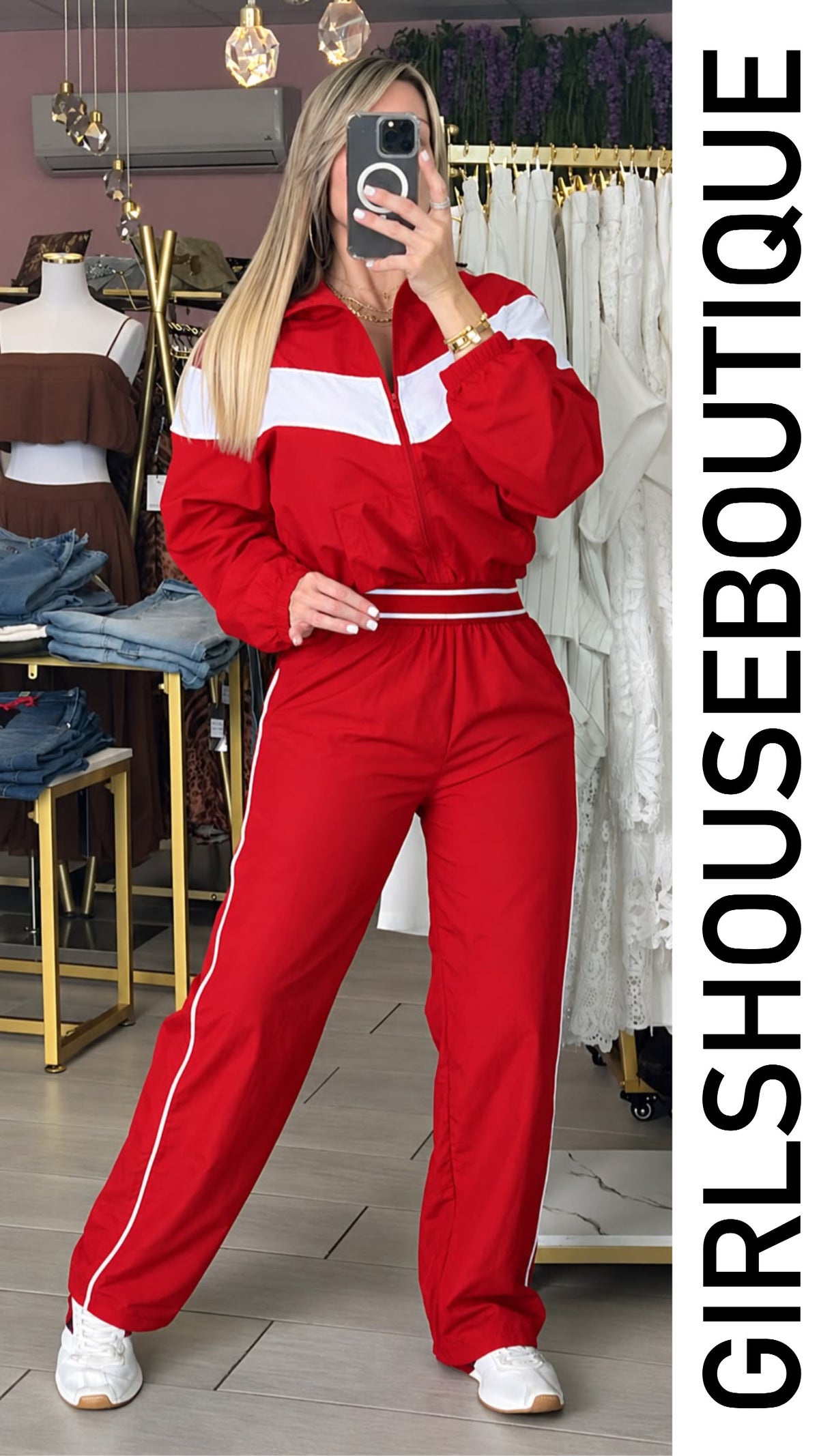 Red/White Athletic Zip-Up Jacket & Pant Set