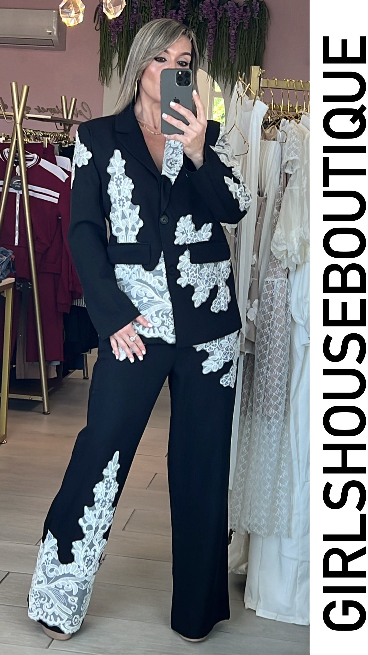Glam Black & White Lace Blazer Set