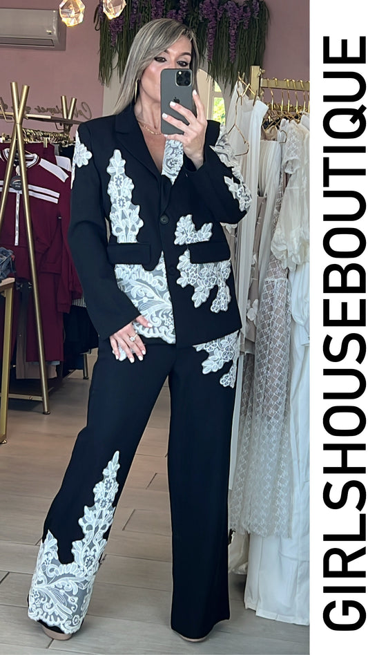 Glam Black & White Lace Blazer Set
