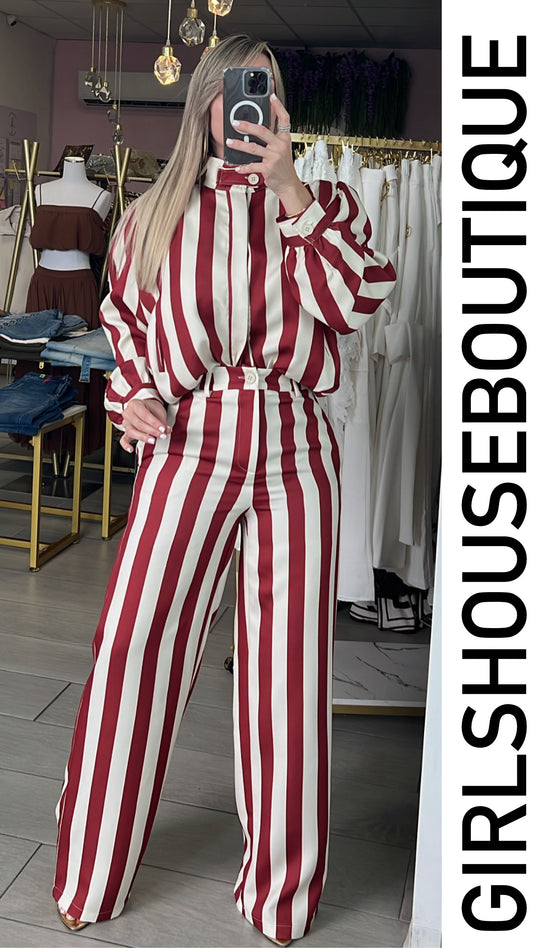 Rust/Creme Stripe Turtleneck Zip-Up Jacket & Pant Set