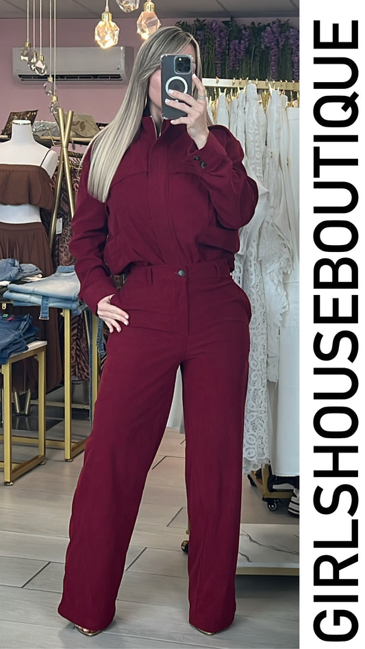 Wine Corduroy Turtle Neck Zip-Up Jacket & Pant Set