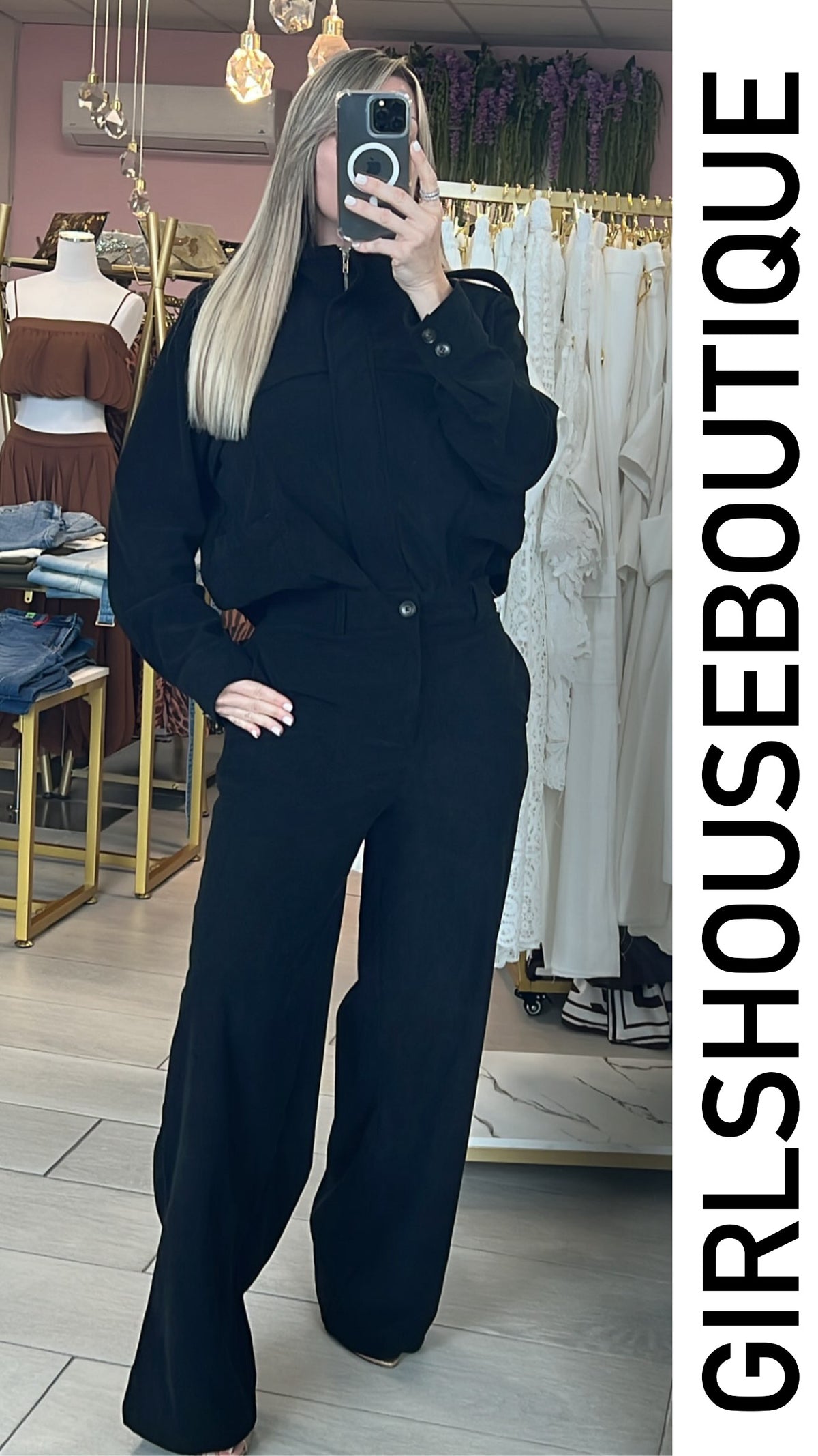 Black Corduroy Turtleneck Zip-Up Jacket & Pant Set