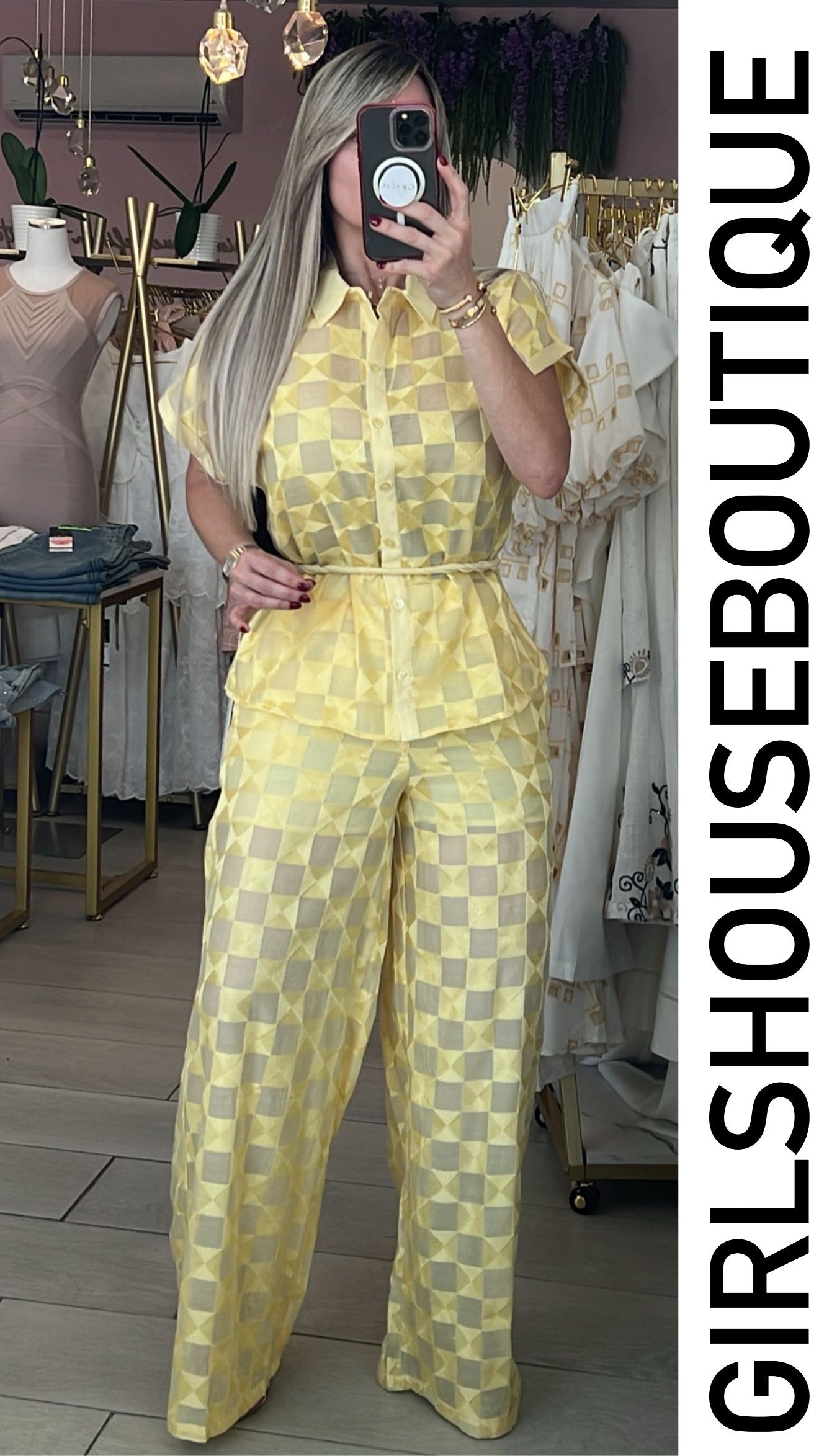 Light Yellow Square Embroidery Pant Set