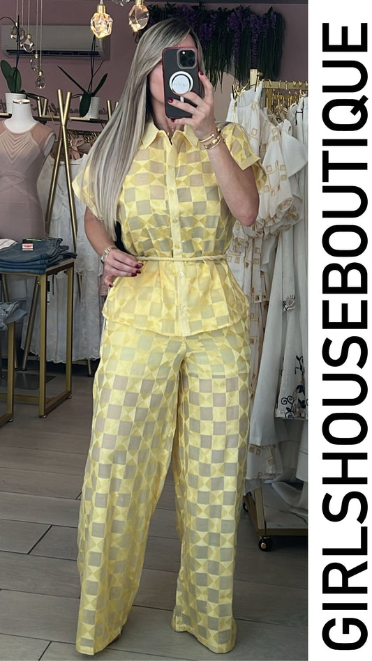 Light Yellow Square Embroidery Pant Set