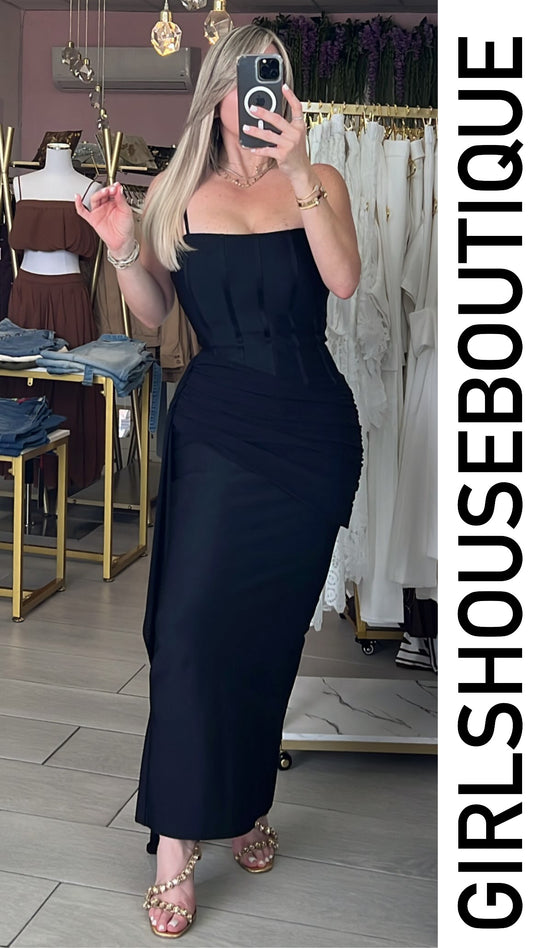 Black Corset Asymetric Design Bandage Midi Dress