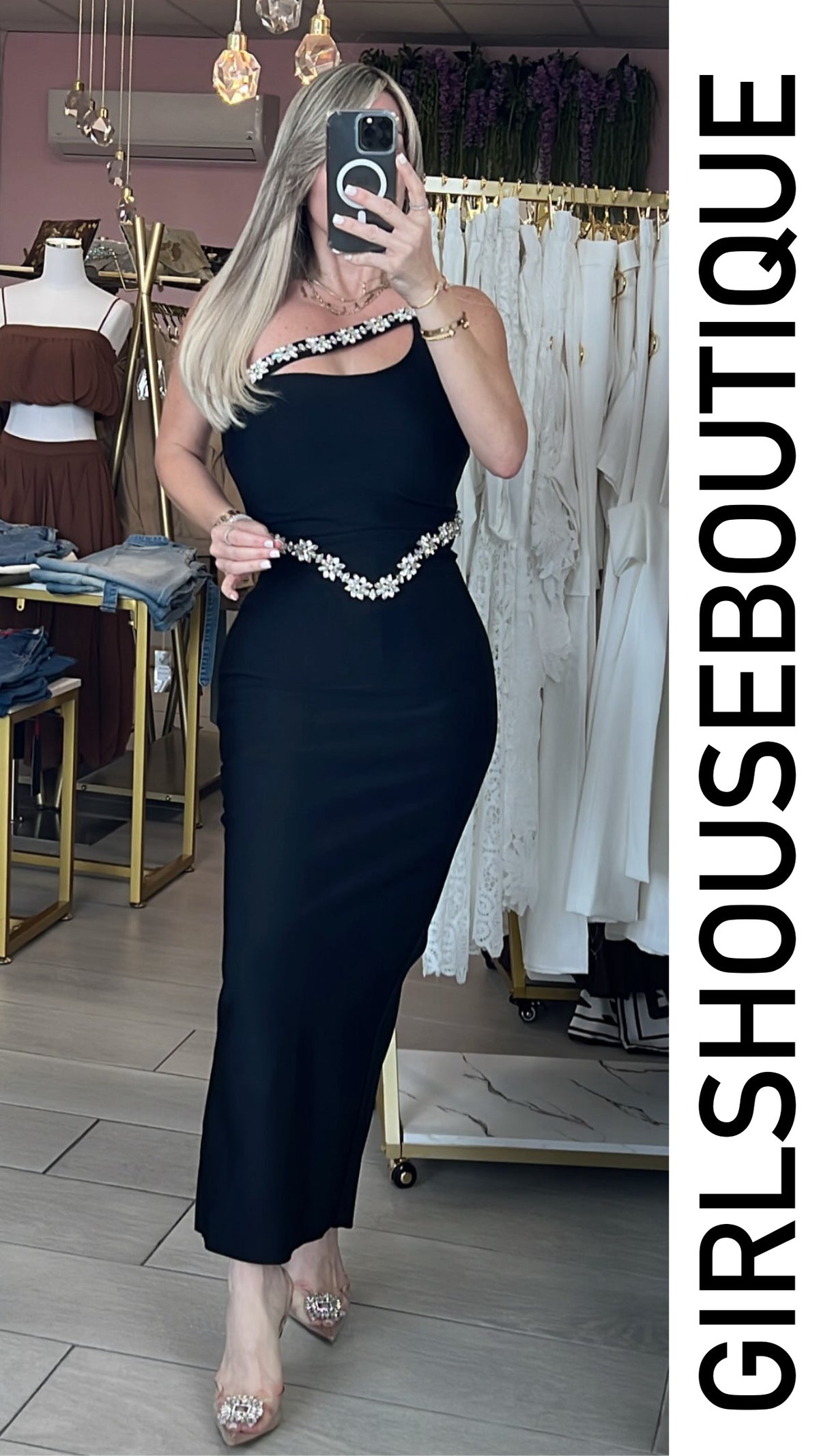 Black One Shoulder Crystal Flower Design Strech Midi Dress