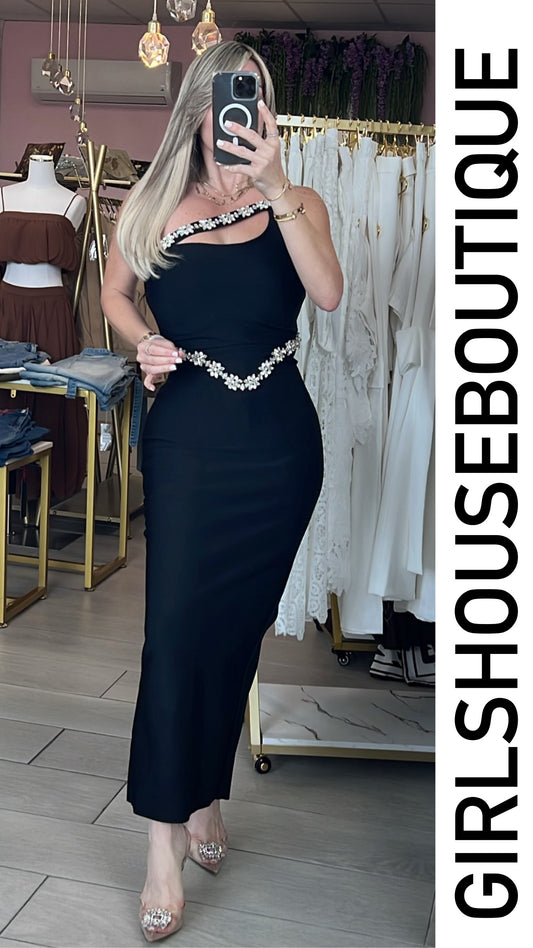 Black One Shoulder Crystal Flower Design Strech Midi Dress
