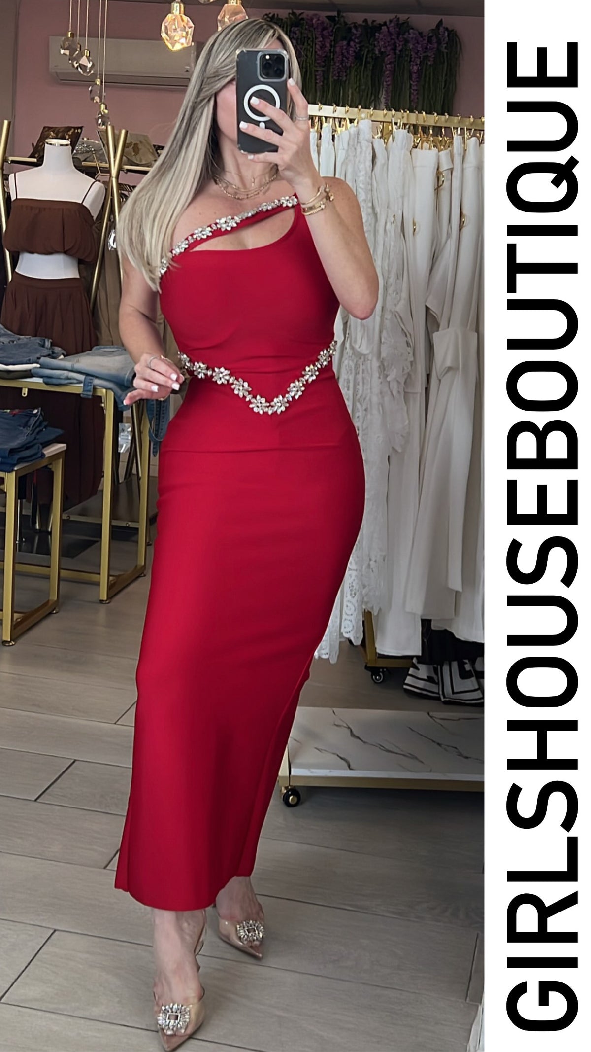 Red Passion One Shoulder Crystal Flower Design Strech Midi Dress