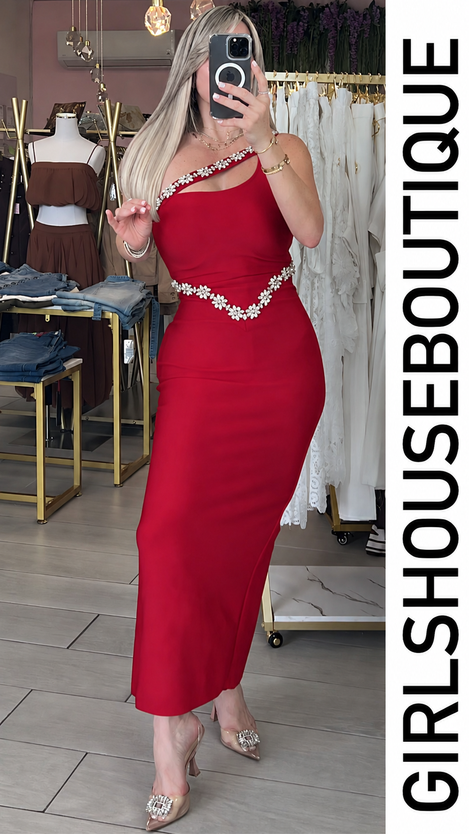 Red Passion One Shoulder Crystal Flower Design Strech Midi Dress