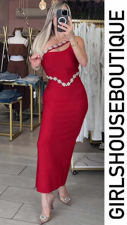 Red Passion One Shoulder Crystal Flower Design Strech Midi Dress