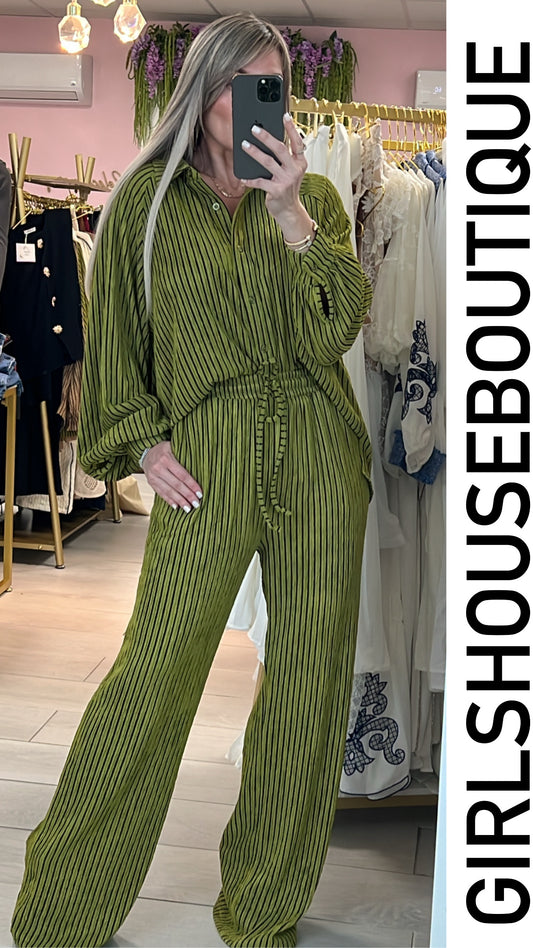 Olive Black Stripe Oversize Pant Set