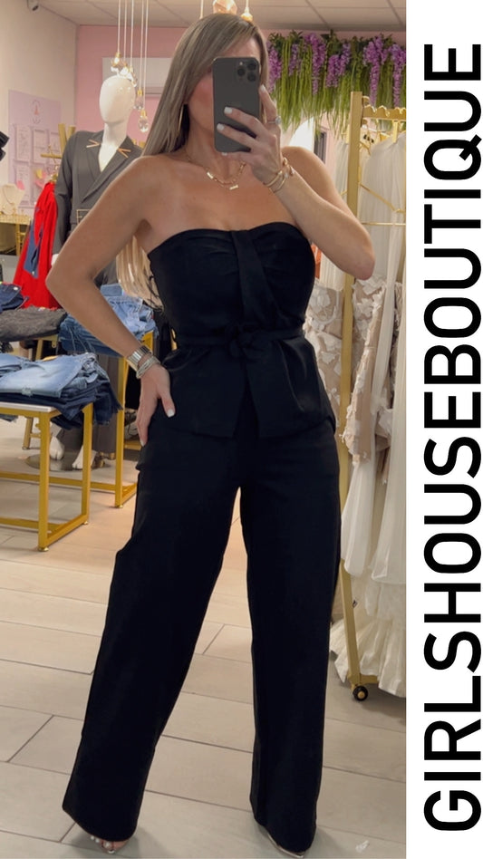 Black Bustier Flower Belt & Pant Set