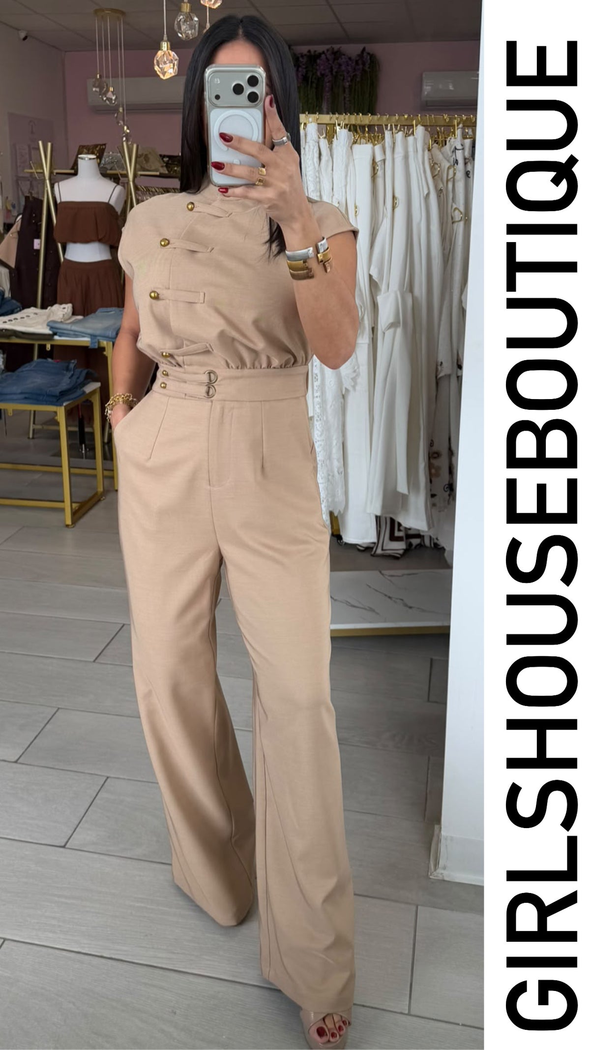 Beige Turtleneck Napoleón Jumpsuit Design (Tiene elástico en la cintura atrás)