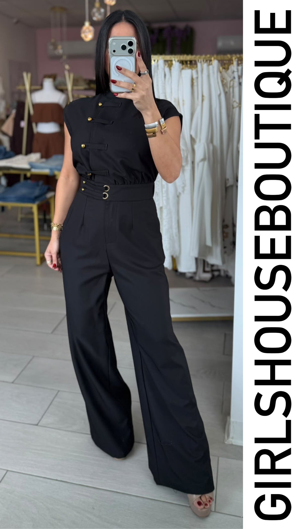 Black Turtleneck Napoleón Jumpsuit Design (Tiene elástico en la cintura)