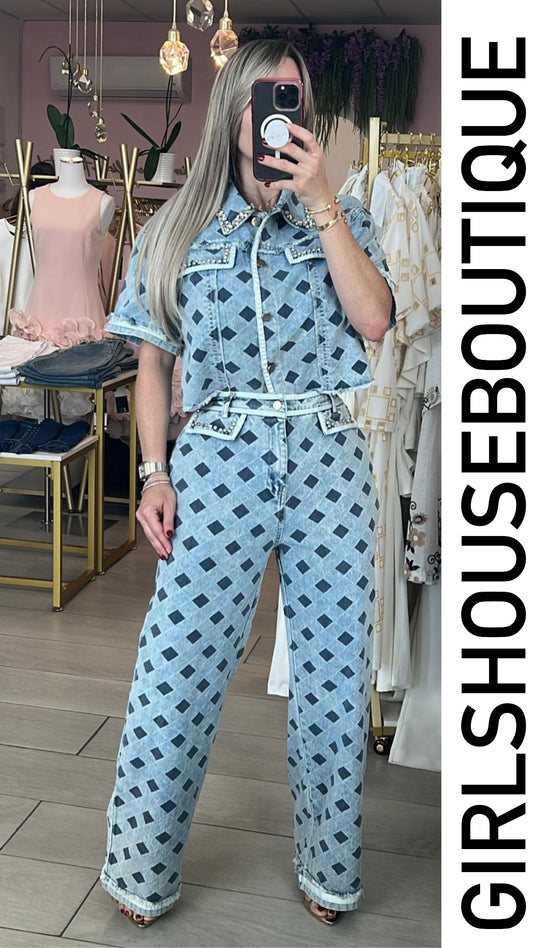 Square Cristal Denim Pant Set