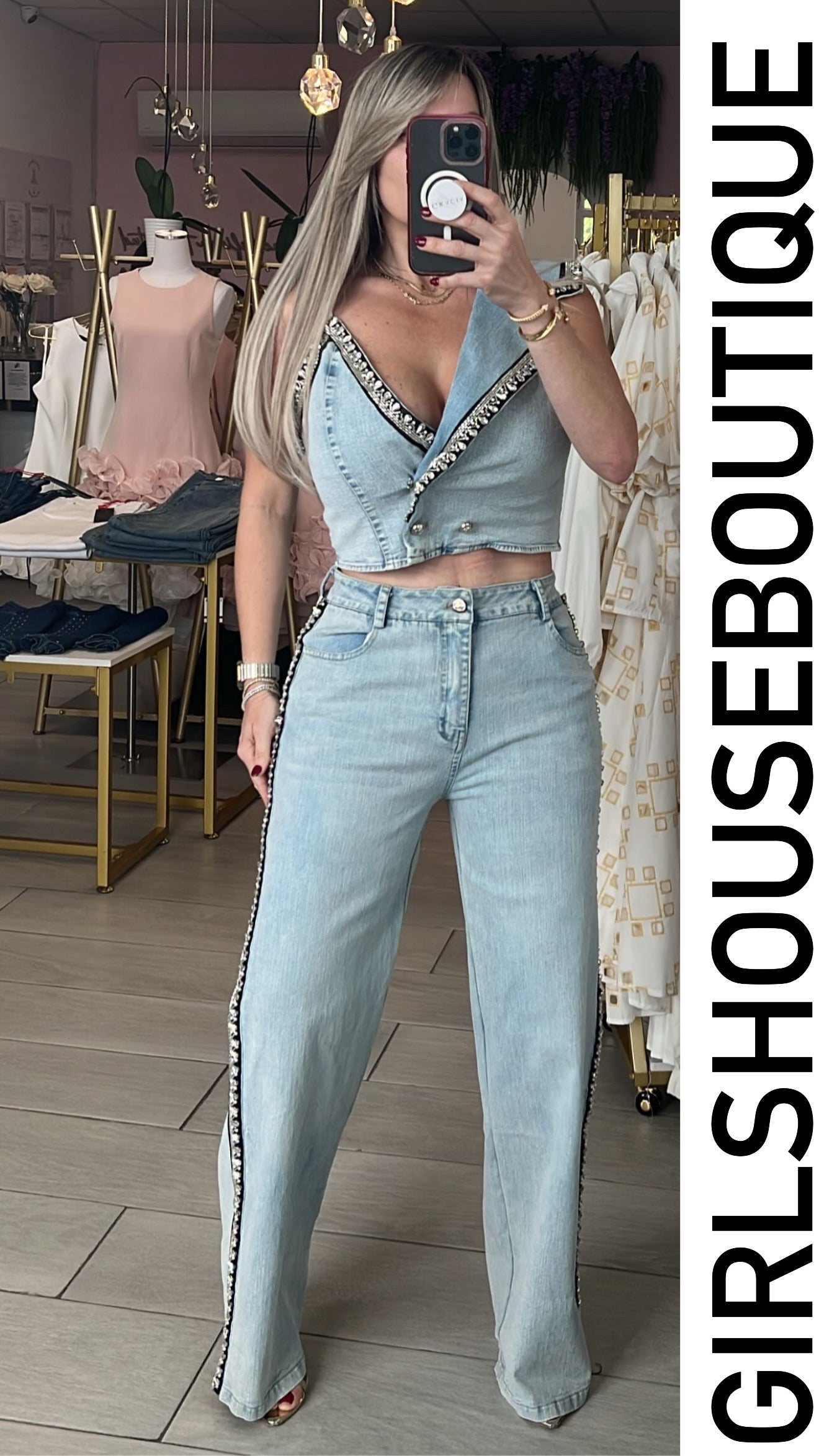 Desigual Crystal Light Denim Top & Pant Set