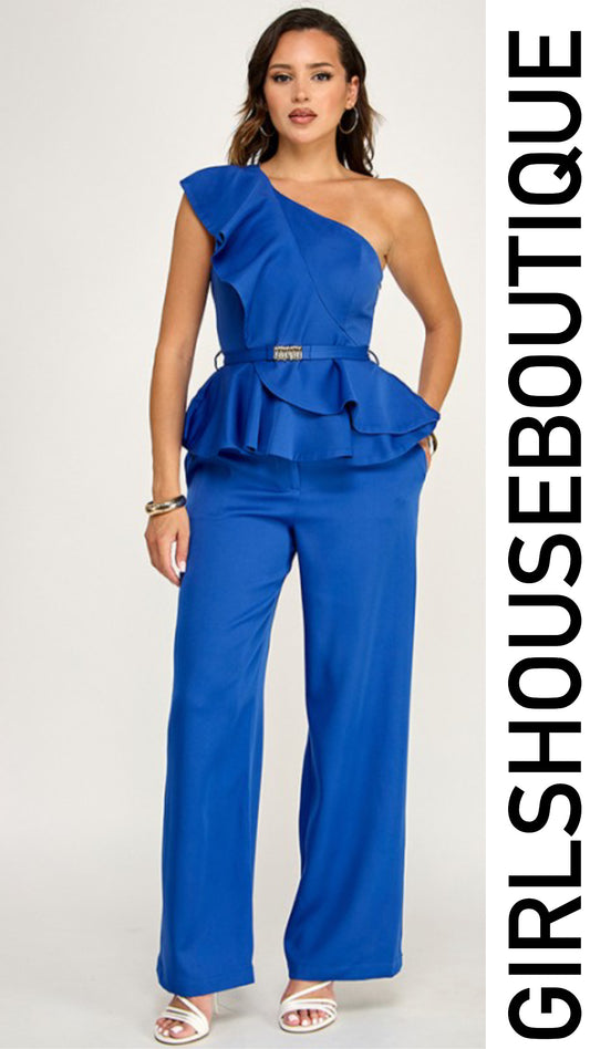 Electric Blue One Shoulder Ruffle Top & Pant Set
