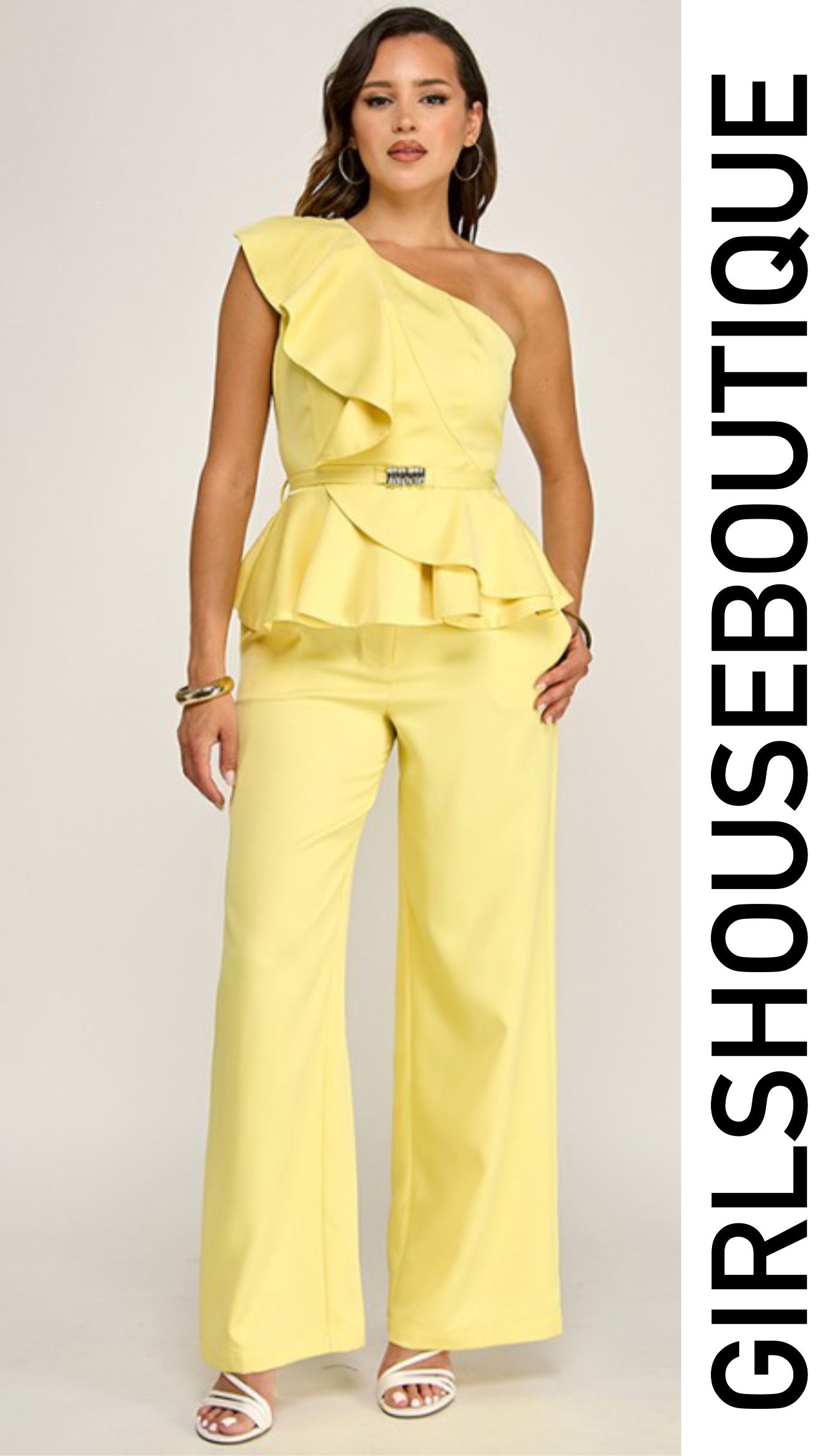Butter Yellow One Shoulder Ruffle Top & Pant Set