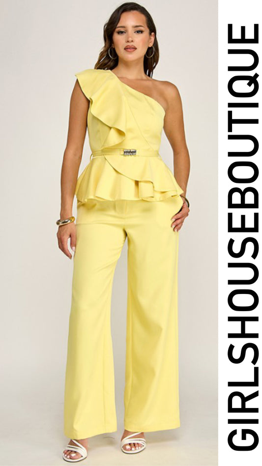 Butter Yellow One Shoulder Ruffle Top & Pant Set