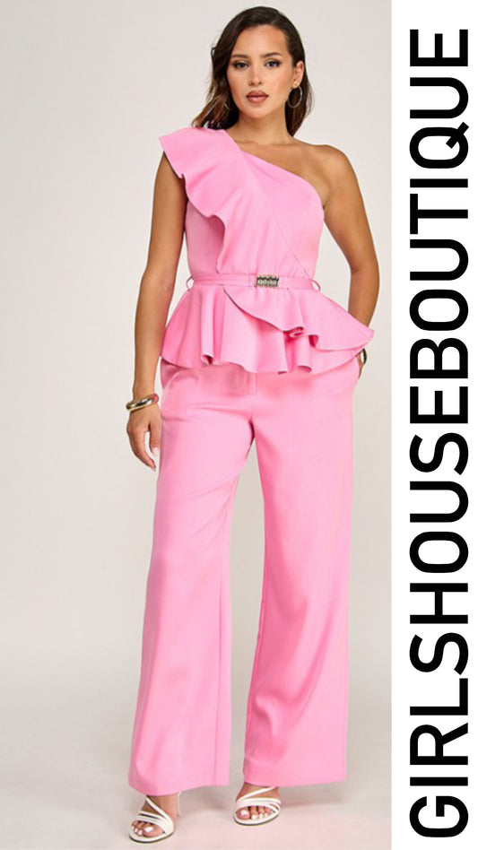 Bubble Pink One Shoulder Ruffle Top & Pant Set