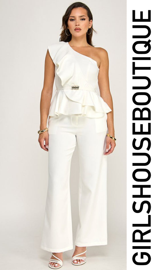 White One Shoulder Ruffle Top & Pant Set
