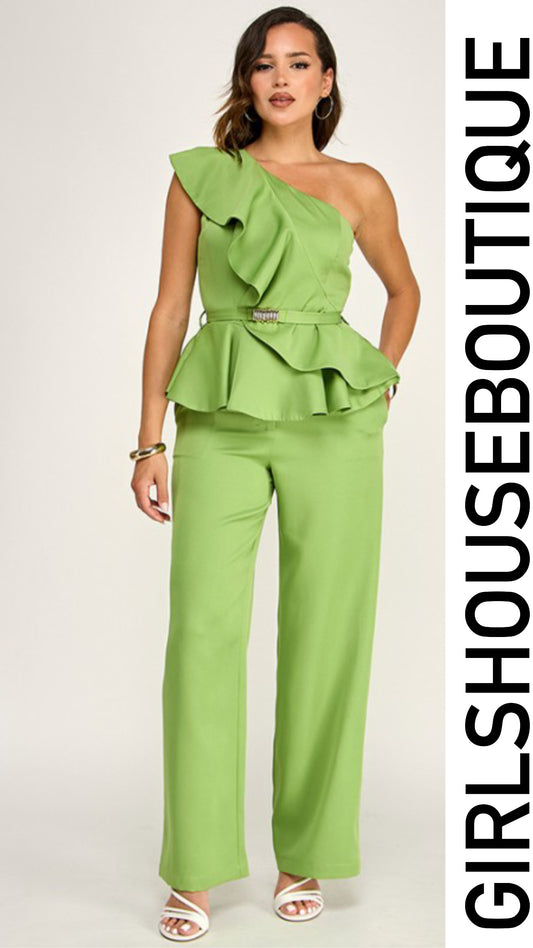 Avocado One Shoulder Ruffle Top & Pant Set