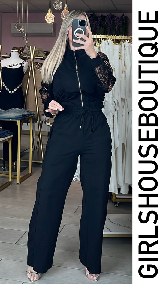 Black Embroidery Long Sleeve Jacket & Pant Set
