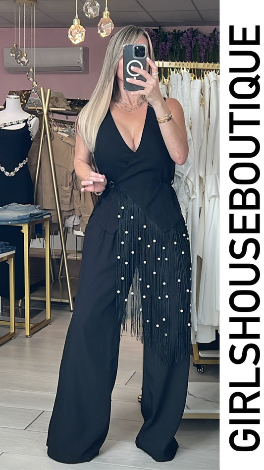 Black Asymetric Fringe/Pearl Vest & Elegance Pant Set (Tiene elástico en la cintura)