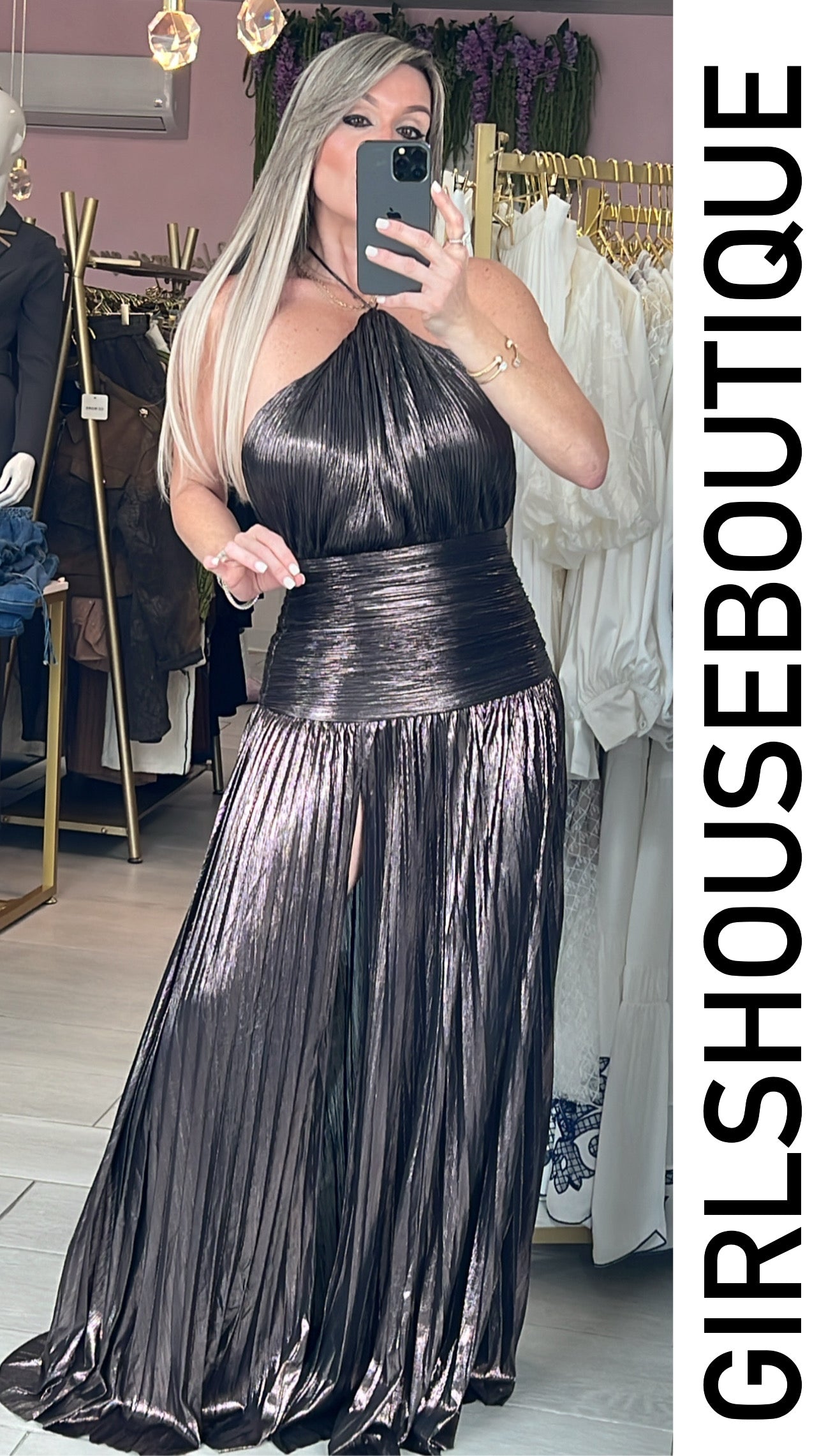 Cobalt Metallic Halter Maxi Dress