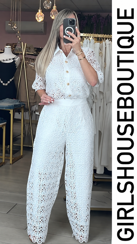 White Embroidery Elegance Blouse & Pant Set (Tiene elástico en la cintura)