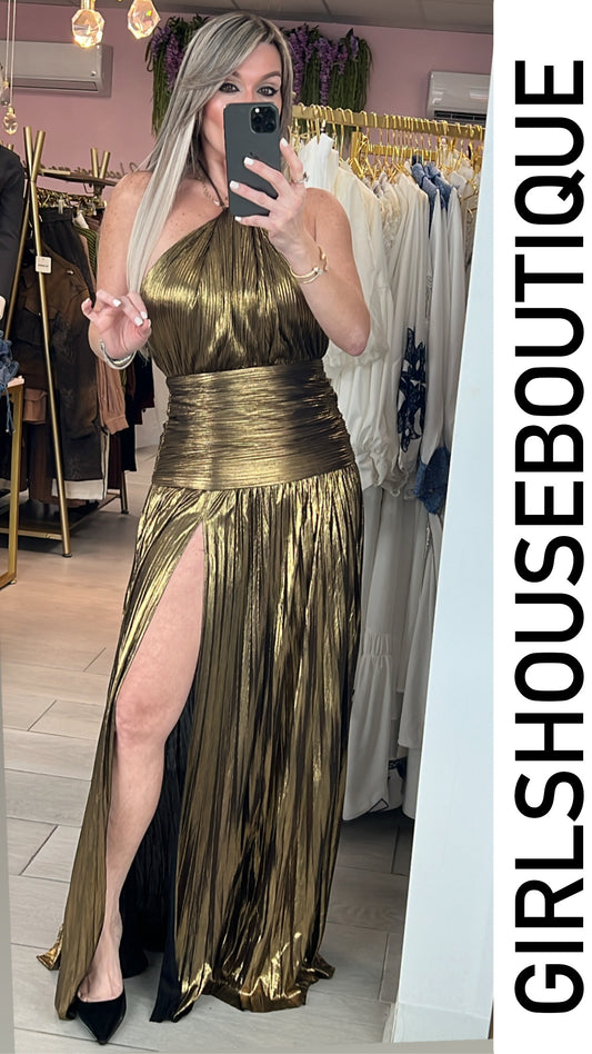 Gold Metallic Halter Maxi Dress