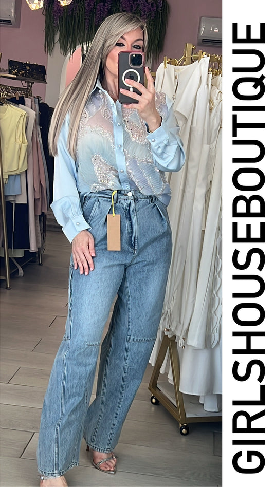 Ice Blue Silver Sequins Blouse