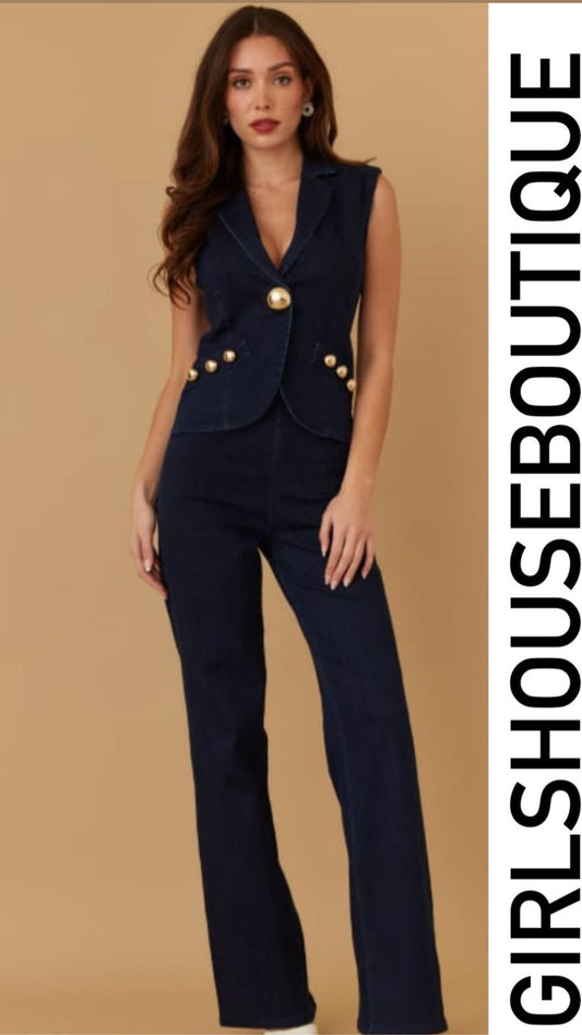 Dark Denim Vest Gold Button Jumpsuit