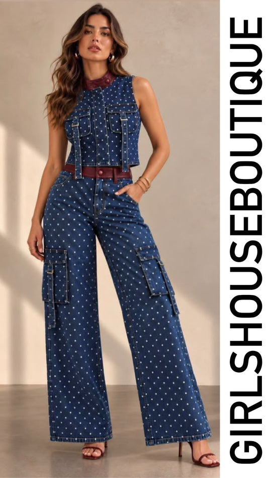 Wine Dark Denim & Front Pocket Vest & Strech Pant Set