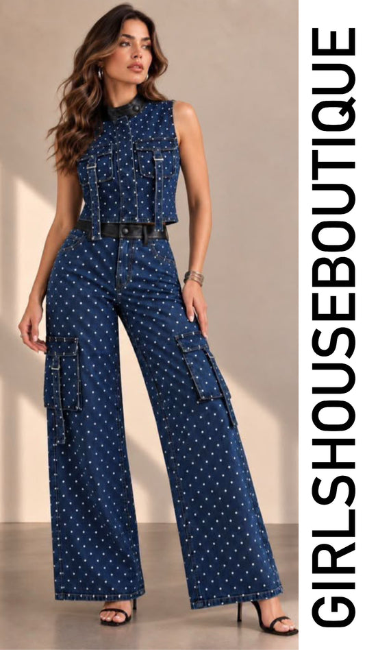 Black Dark Denim Front Pockets Vest & Strech Pant Set