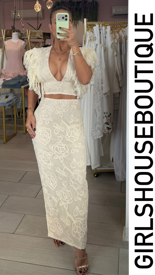 Sand Croché Fringe Sleeve Crop Top & Skirt Set