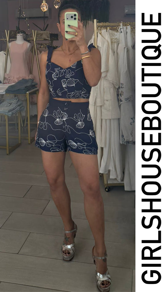 Navy Sea Vibes Embroidery Top & Pant Set