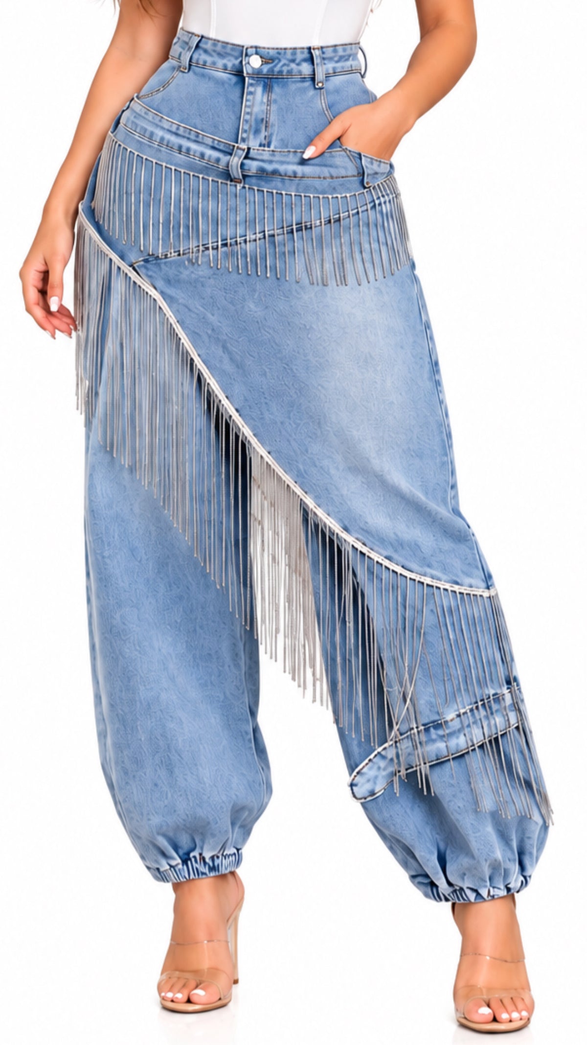 Asymetric Fringe Crystal Strech Light Denim Jogger