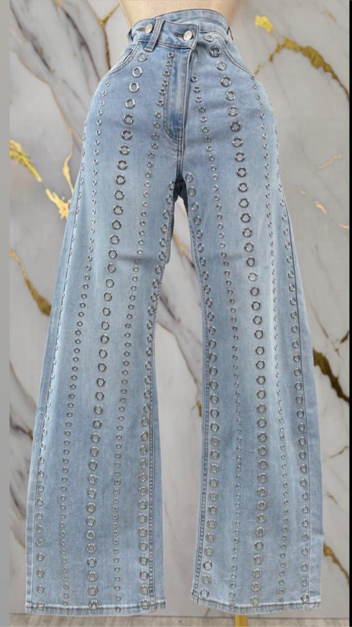 Light Denim Silver Ring Baggy Strech Jeans