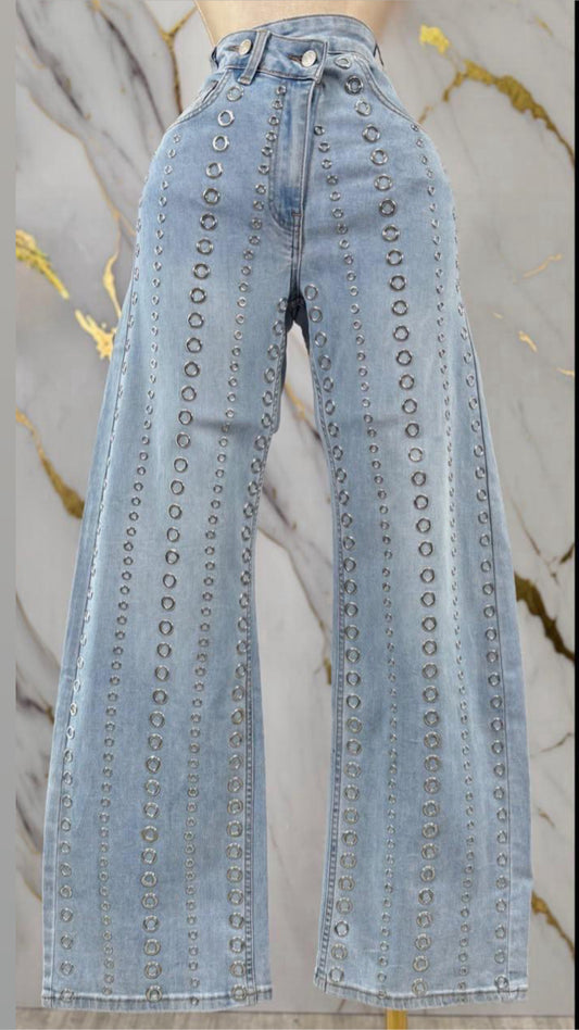 Light Denim Silver Ring Baggy Strech Jeans