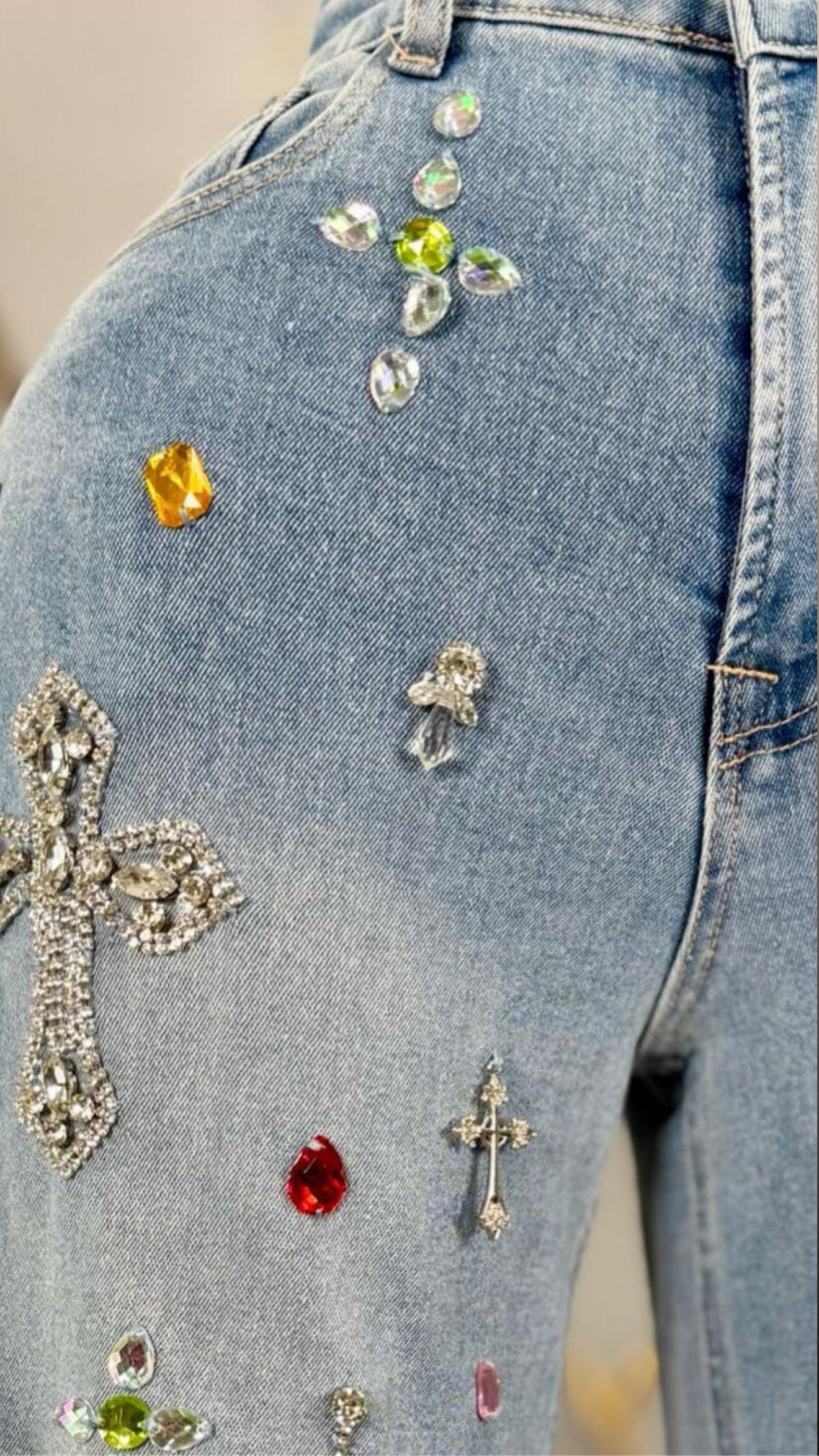 Cross Crystal and Colors Crystal Pendant Jeans