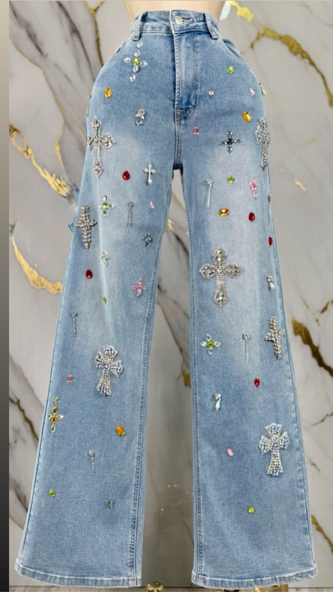 Cross Crystal and Colors Crystal Pendant Jeans